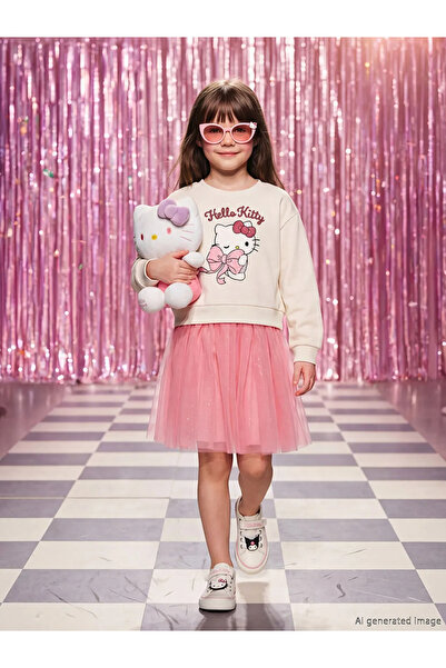 LC Waikiki Εκρού φόρεμα τούτου για κορίτσια με στάμπα Hello Kitty