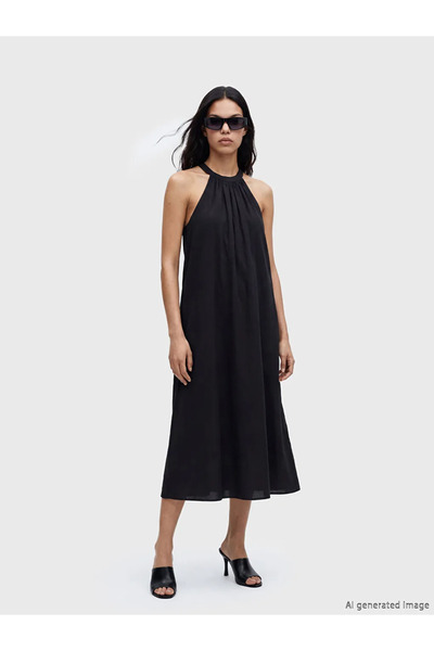 LC Waikiki Μαύρο φόρεμα με κορδόνι περίσφιξης σε γραμμή Α από μείγμα μοντάλ