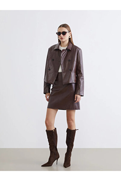 LC Waikiki Καφέ πουκάμισο γιακά Γυναικείο εφέ δέρματος Μπουφάν