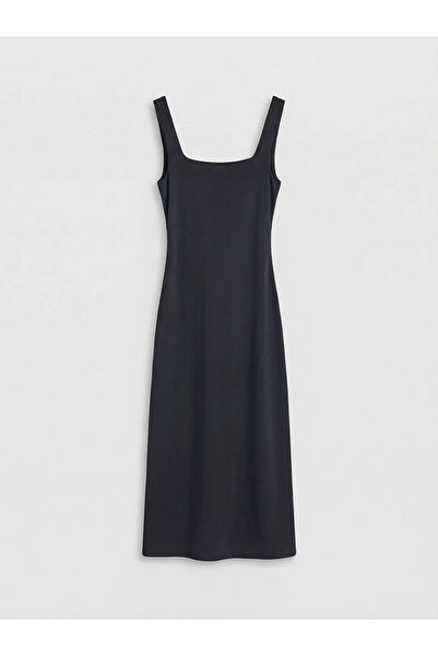 LC Waikiki Μαύρο φόρεμα Bodycon με τετράγωνο λαιμόκοψη Με σούρες