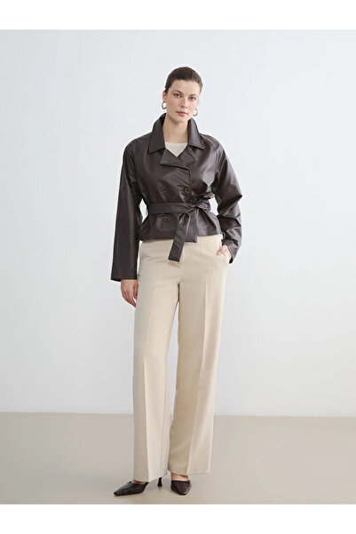 LC Waikiki Καφέ πουκάμισο γιακά Γυναικείο εφέ δέρματος Μπουφάν