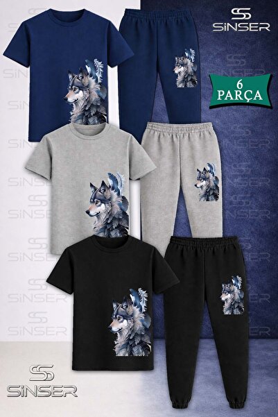 SS SİNSER Children's Kurt Gri Yanda 3-Piece T-Shirt and Tracksuit Set