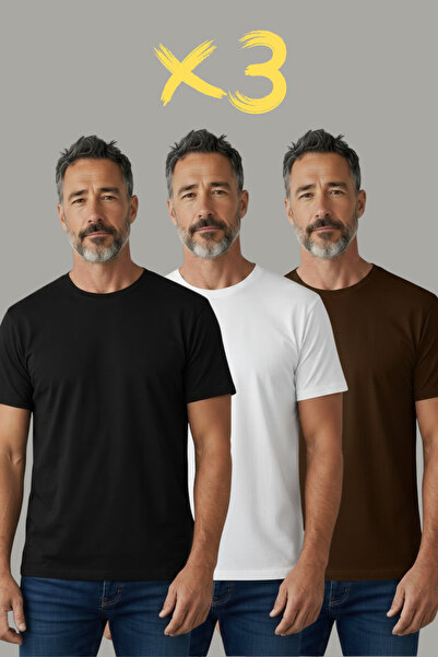 Geco Ανδρικό/Unisex Πακέτο 3 τεμαχίων Μαύρο-Λευκό-Καφέ Μπλουζάκι με άνετη εφα...