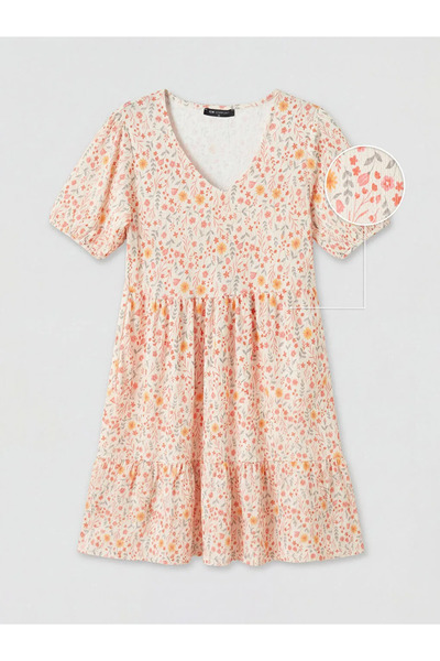 LC Waikiki Κόκκινο φόρεμα με λαιμόκοψη V, λουλουδάτο, με μανίκια μπαλόνι και ...