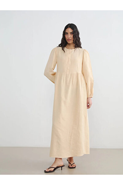 LC Waikiki Κίτρινο φόρεμα με μανίκια μπαλόνι και μακρύ μανίκι από μουσελίνα