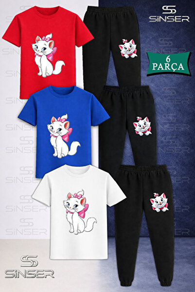 SS SİNSER طقم تي شيرت رياضي للأطفال مكون من 3 قطع من CAT RIBBON YAN DURAN
