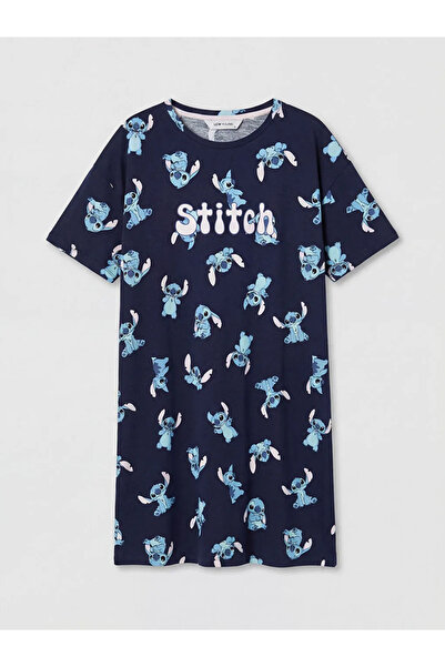 LC Waikiki Navy Blue Crew Neck Stitch Printed Women's Nightgown