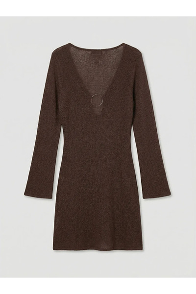 LC Waikiki Καφέ γυναικείο πλεκτό φόρεμα παραλίας με λαιμόκοψη V