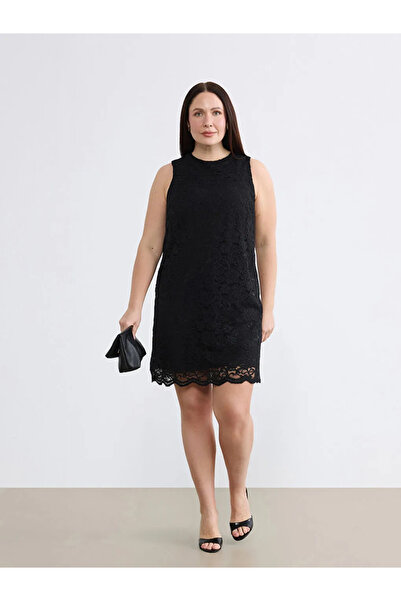 LC Waikiki Μαύρο Μίνι Φόρεμα με Δαντέλα και Λαιμόκοψη Ποδηλάτου