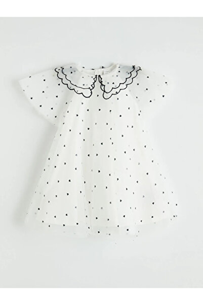 LC Waikiki Εκρού στρογγυλός γιακάς Καρδιά Με σχέδιο Κοριτσίστικο Φόρεμα