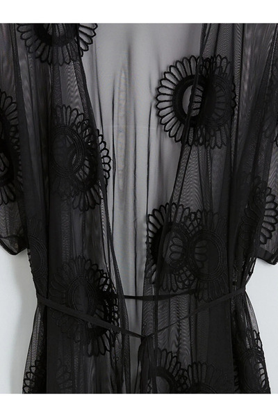 LC Waikiki Μαύρο Γυναικείο Φόρεμα Παραλίας με Δαντέλα και Κέντημα στο Γιακά