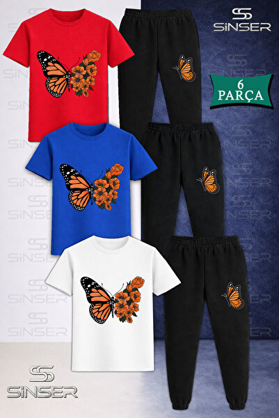 SS SİNSER طقم تي شيرت رياضي للأطفال من BUTTRFLY ORANGE WING FLOWER مكون من 3 قطع