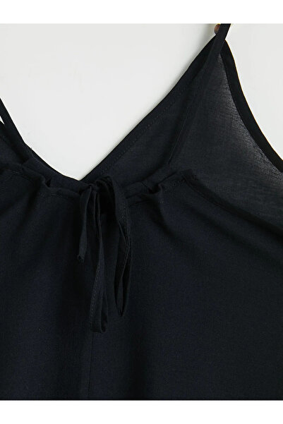 LC Waikiki Μαύρο γυναικείο φόρεμα παραλίας με λαιμόκοψη V και τιράντες