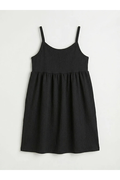 LC Waikiki Μαύρο φόρεμα για κορίτσια με υφή και λουράκια από κορδόνια