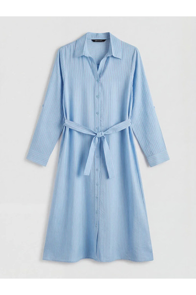 LC Waikiki Μπλε Ριγέ με ζώνη Ποπλίνα Πουκαμισοφόρεμα