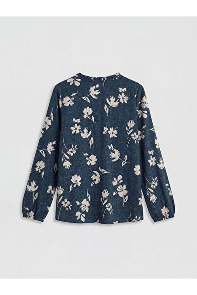LC Waikiki Μπλούζα με βολάν σε μπλε ναυτικό χρώμα και όρθιο γιακά με λουλούδια