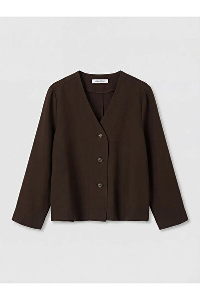 LC Waikiki Καφέ μπλούζα με λαιμόκοψη V και μείγμα υφασμάτων Modal