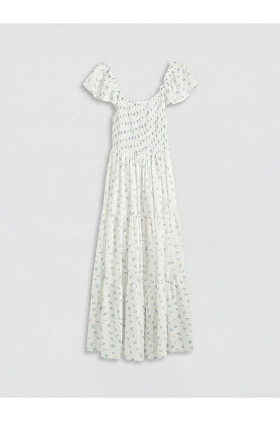 LC Waikiki Μπλε φλοράλ φόρεμα ποπλίνας με στρώσεις