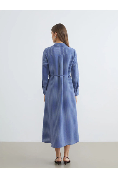 LC Waikiki Μπλε Ριγέ με ζώνη Ποπλίνα Πουκαμισοφόρεμα