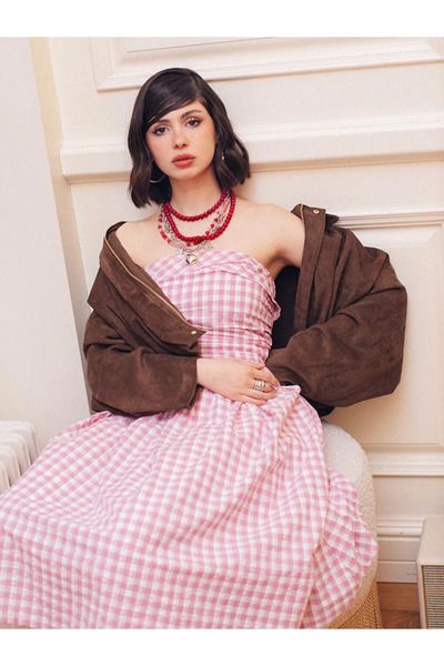 LC Waikiki Ροζ φόρεμα με λαιμόκοψη Στράπλες Καρό Με εφαρμογή στη μέση