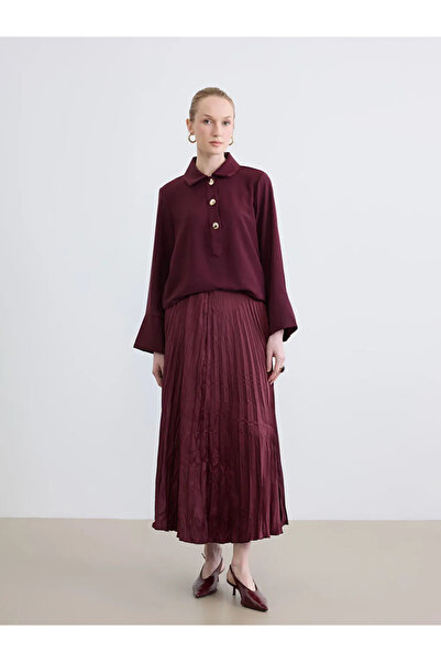 LC Waikiki Μπορντό σατέν φούστα με ελαστική μέση και πιέτες