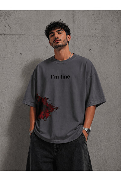 Nulivez تي شيرت I'm Fine مطبوع كبير الحجم للجنسين، تصميم بسيط، قصة فضفاضة