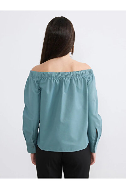 LC Waikiki Πράσινη μπλούζα με λαιμόκοψη καγιάκ και κορδόνι περίσφιξης