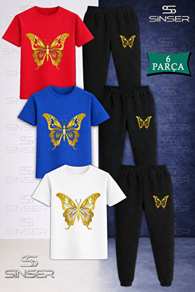 SS SİNSER Children's Buttrfly Gold Color 3-Piece T-Shirt Tracksuit Set