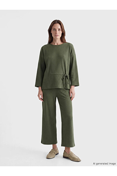 LC Waikiki Χακί μπλούζα με λαιμόκοψη ποδηλάτου και δέσιμο στο πλάι