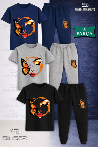 SS SİNSER Children's Buttrfly Girl on Face3Lü T-Shirt Tracksuit Set