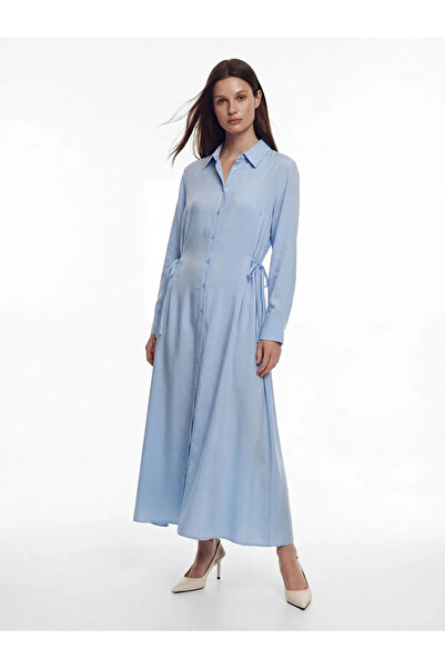 LC Waikiki Μπλε φόρεμα-πουκάμισο με δέσιμο στη μέση και μείγμα υφασμάτων Modal