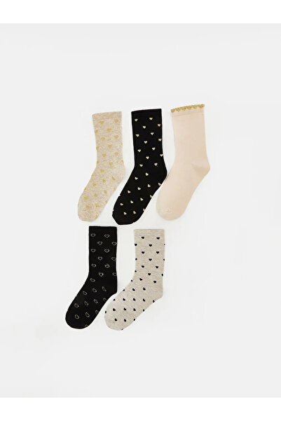 LC Waikiki Γυναικείες κάλτσες με σχέδιο καφέ καρδιάς, συσκευασία 5 τεμαχίων