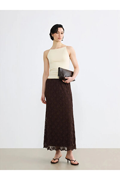 LC Waikiki Καφέ φούστα με ελαστική μέση και δαντέλα