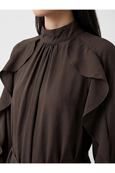 LC Waikiki Καφέ γυναικείο φόρεμα με ψηλό γιακά και βολάν σε γραμμή Α