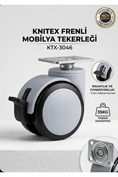 Hırdavat 4 Adet Gri Büro Tipi Tablalı Dönerli Frenli Mobilya Tekerleği