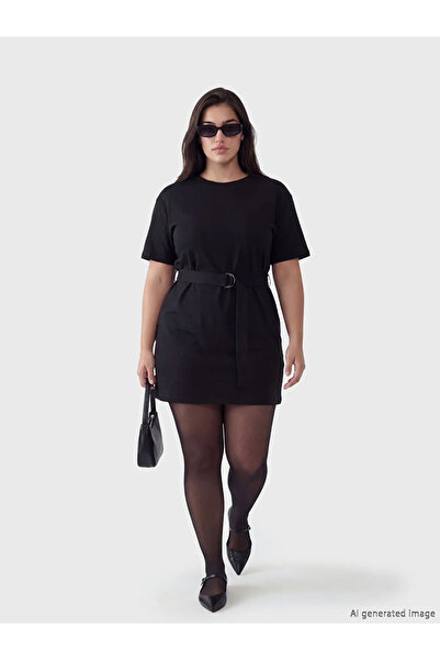 LC Waikiki Μαύρο Μίνι Φόρεμα με Λαιμόκοψη Πεζλέ και Ζώνη