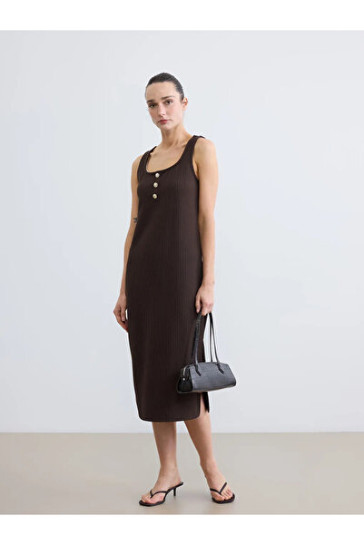 LC Waikiki Καφέ φόρεμα Bodycon με λαιμόκοψη U κοτλέ