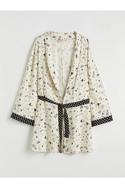 LC Waikiki Εκρού Γυναικεία Ρόμπα με Σχέδιο στο Γιακά