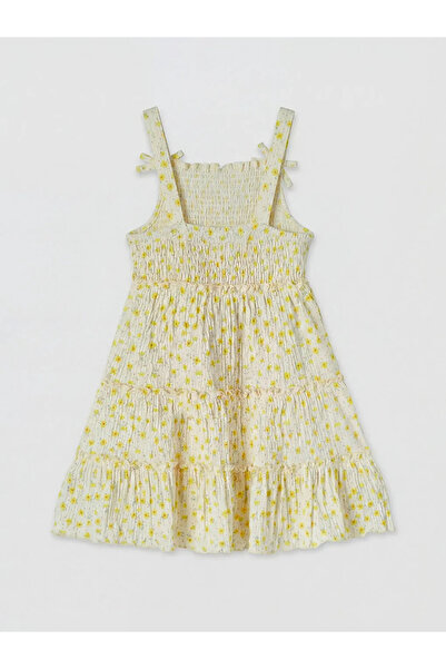 LC Waikiki Εκρού φόρεμα για κορίτσια με σχέδιο λουλουδιών και τσαλακωμένη υφή