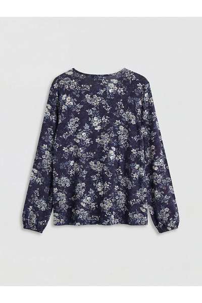 LC Waikiki Μπλούζα με λουλούδια με γιακά με κορδόνια σε μπλε ναυτικό