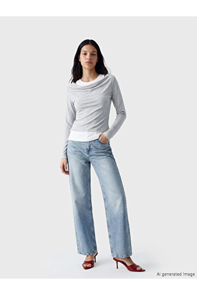 LC Waikiki Γκρι μπλούζα με λαιμόκοψη ποδηλάτου και κορδόνι