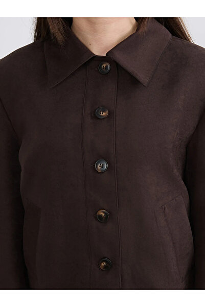 LC Waikiki Καφέ Γυναικείο Μπουφάν με Γιακά Πουκάμισου σε Μικρό Μέγεθος