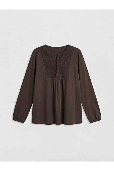 LC Waikiki Καφέ μπλούζα με κορδόνι με κέντημα στο λαιμό