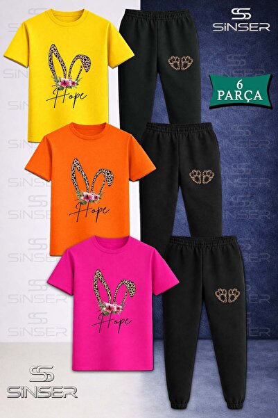 SS SİNSER Children's Tavsan Kulk Cicek Leopar Dsn 3-Piece T-Shirt Tracksuit Set