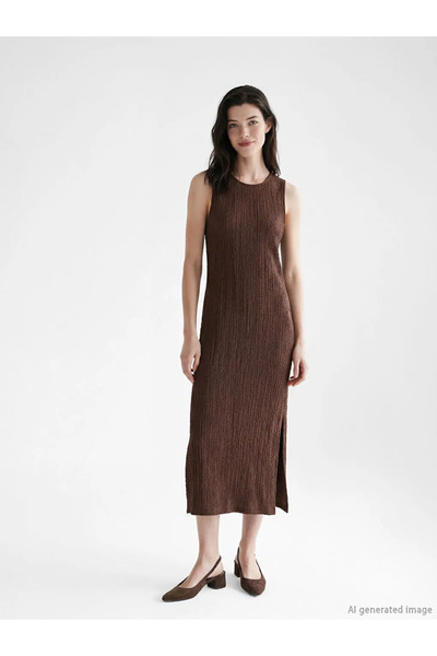LC Waikiki Καφέ μακρύ φόρεμα με υφή