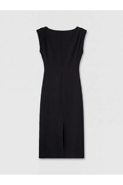 LC Waikiki Μαύρο φόρεμα κρεπ με λαιμόκοψη και κορδόνι