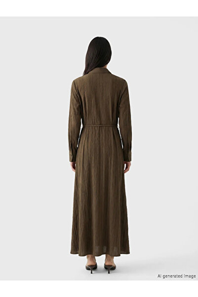 LC Waikiki Πράσινο ριγέ φόρεμα πουκάμισο με ζώνη και σχέδιο Dobby