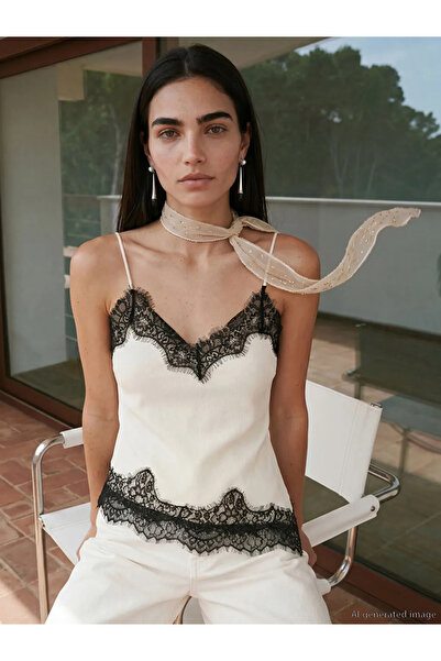 LC Waikiki Εκρού Γυναικείο Αθλητικό Τοπ με Λαιμόκοψη V και Δαντέλα