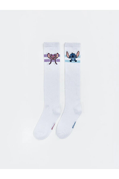 LC Waikiki Λευκές κάλτσες μέχρι το γόνατο για κορίτσια με σχέδια Stitch και A...