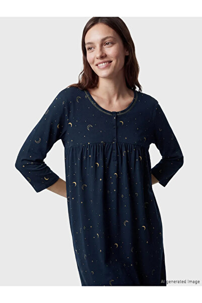 LC Waikiki Γυναικείο νυχτικό σε μπλε ναυτικό χρώμα με σχέδιο σε λαιμόκοψη ποδ...